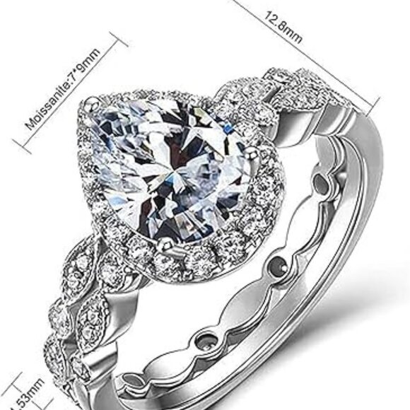 2ct Pear 925 Silver Hypoallergenic D Color VVS1 Moissanite Wedding Ring - Picture 2 of 3
